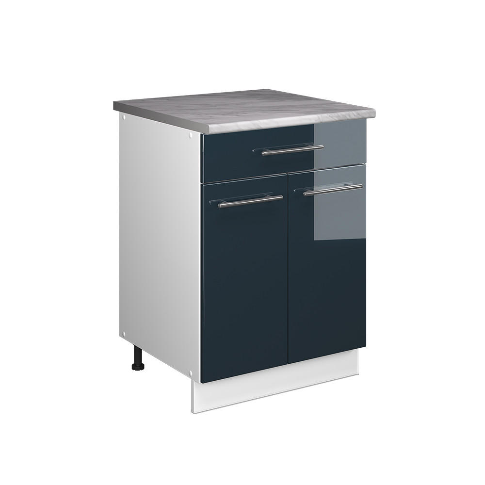 UNTERSCHRANK FÜR SPÜLE/KOCHFELD Fame-Line, Dunkelblau Hochglanz/Weiß, 60 cm mit Schublade, AP Marmor - Weiß/Dunkelblau, Holzwerkstoff (60/82/60cm) - Vicco