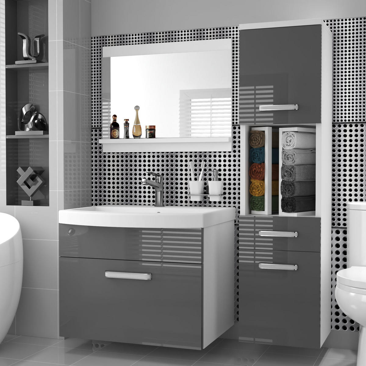 BADMÖBEL Badezimmer SET PRI P3, Grau Hochglanz, 90 cm - Hellgrau, Holz (38.7/113.5/90cm) - B BELINI GROUP