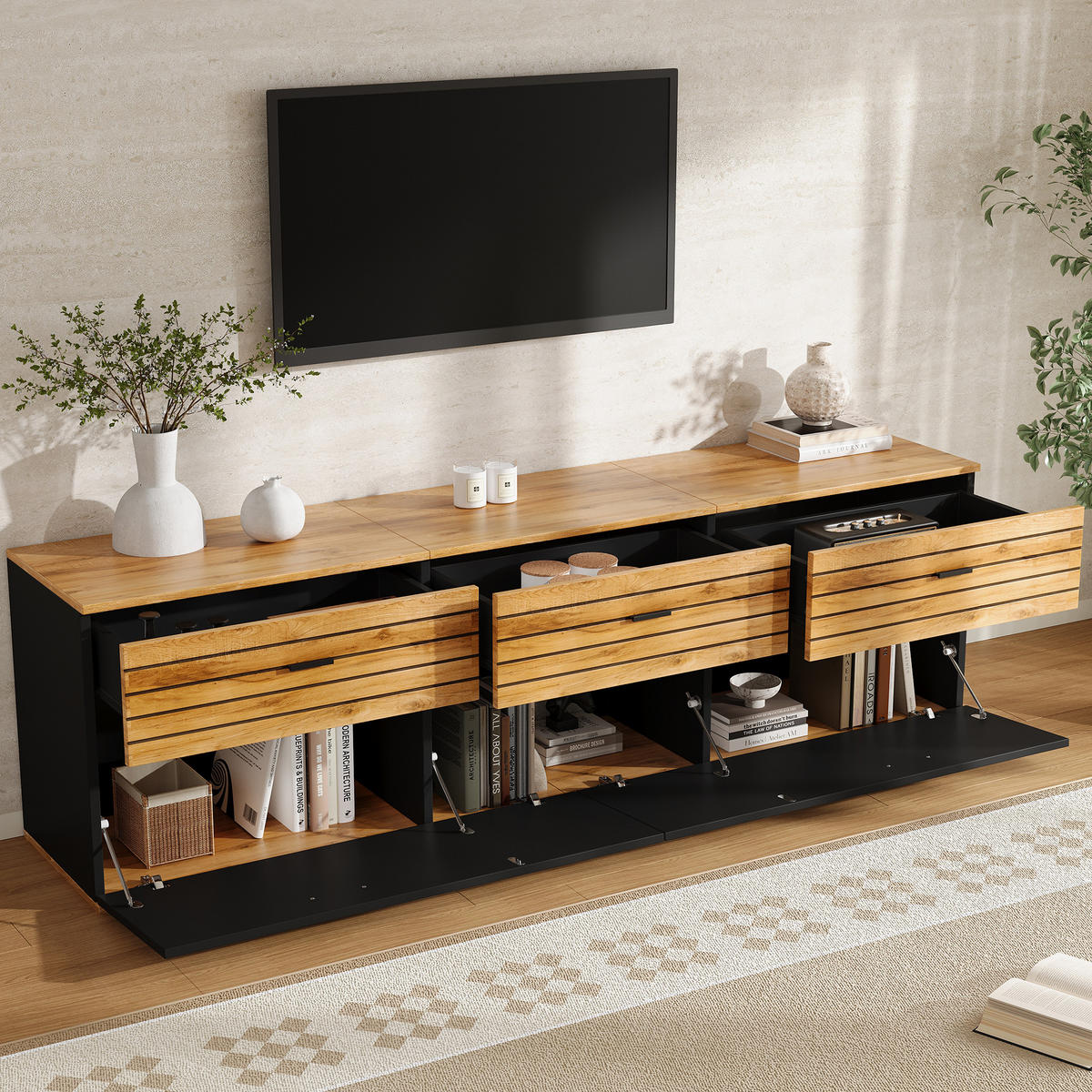 TV-ELEMENT168X38X59CM Holz-Schwarz für 65-Zoll TV mit 3 Schubladen - Naturfarben, Holz (45.01/23.01/68.5cm) - Raelunyi