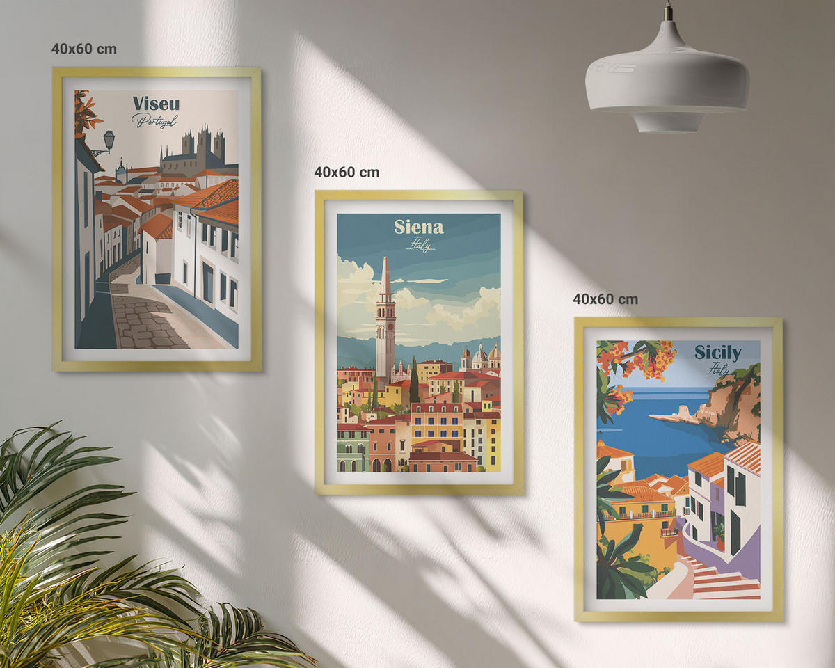 BILDER SET 3er Set - 40x60 cm Goldrahmen - Retro-Illustrationen von Weltstädten - Goldfarben, Kunststoff (40/60cm) - TULUP