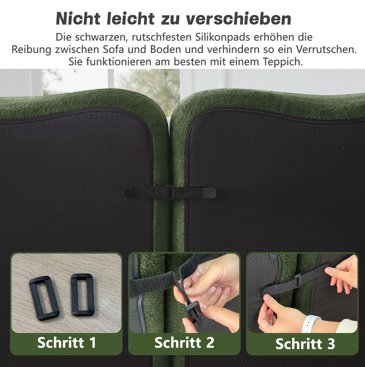3-SITZER-SOFA aus Samt Grün mit tiefer Sitzfläche, Wellenform und flexiblem Hocker - Grün, Textil (288/70/98cm) - Modfu