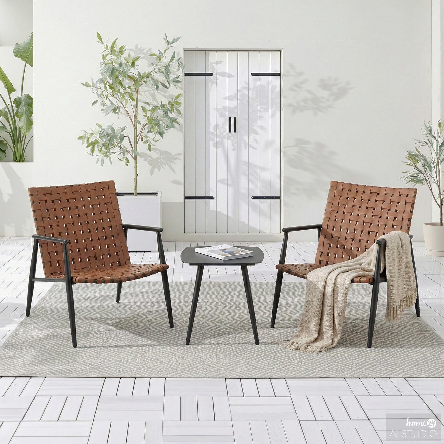 BALKONSET - 3-teilig - Stahl / Polyrattan - Braun - Braun, Glas/Kunststoff - home24