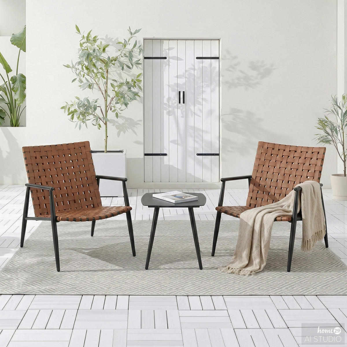 BALKONSET - 3-teilig - Stahl / Polyrattan - Braun - Braun, Glas/Kunststoff - home24