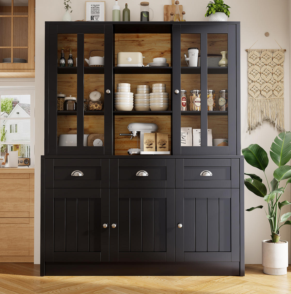 MODERNER Hochschrank mit Acryl-Türen und verstellbaren Böden, 140/38,5/175 cm, Schwarz - Schwarz, Holzwerkstoff (140/175/38.5cm) - Redom