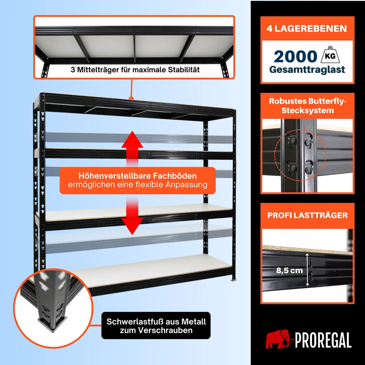 SCHWERLASTREGAL Rhino 200x200x60 cm 4 Melamin-Ebenen 16mm Fachlast 500 kg Schwarz - Schwarz, Metall (200/200/60cm) - PROREGAL