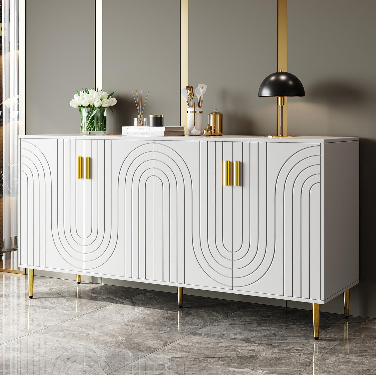 SIDEBOARD Weiß aus MDF mit Wellenfront und goldfarbenen Griffen, 152/40/75 cm, Weiß - Weiß, Holzwerkstoff (40/75/152cm) - Redom