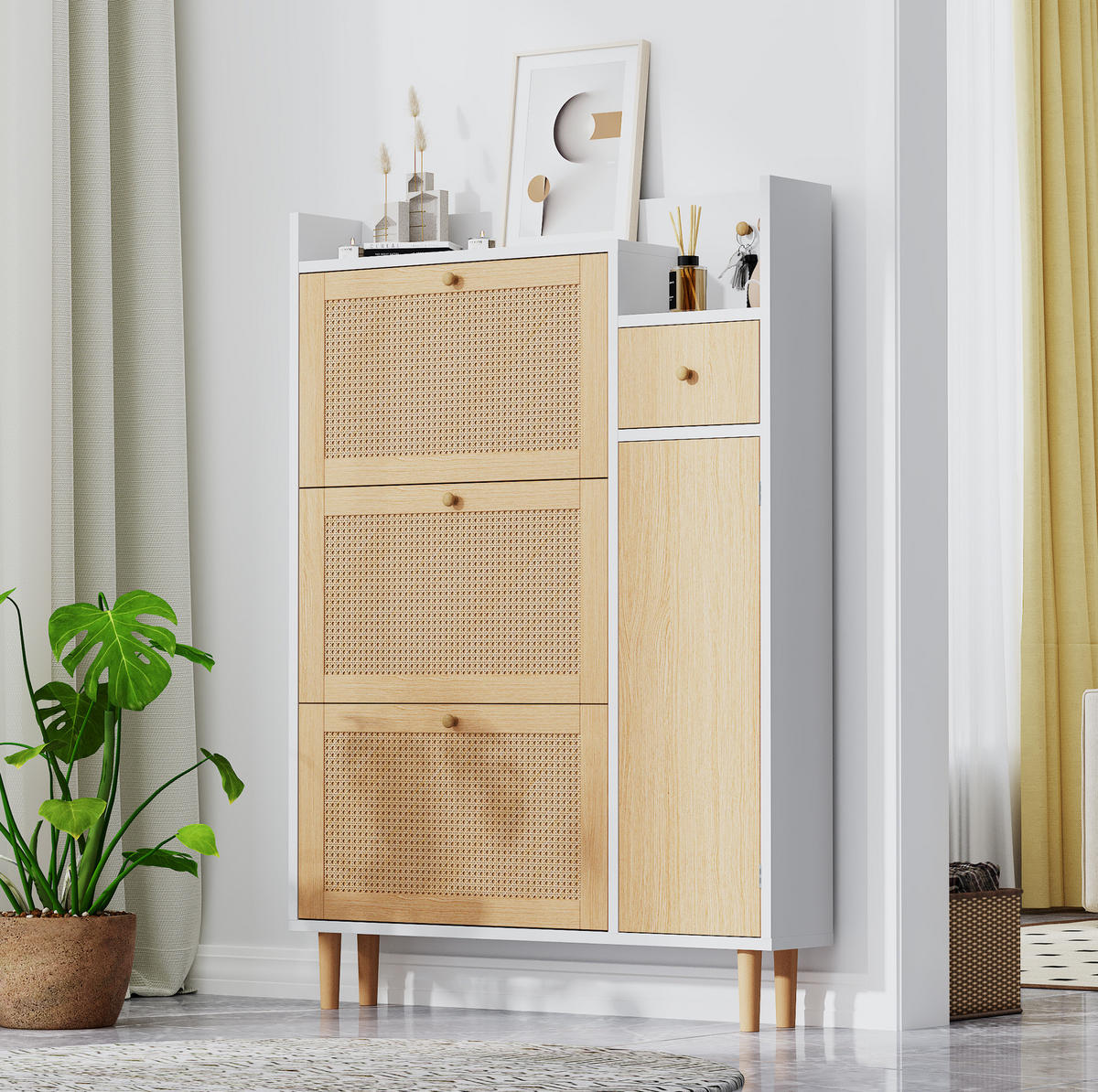 SCHUHSCHRANK 90/125/17 cm in Natur/Weiß mit 3 Klappen und 1 Schublade - Weiß, Holzwerkstoff (90/125/17cm) - Flora Grace
