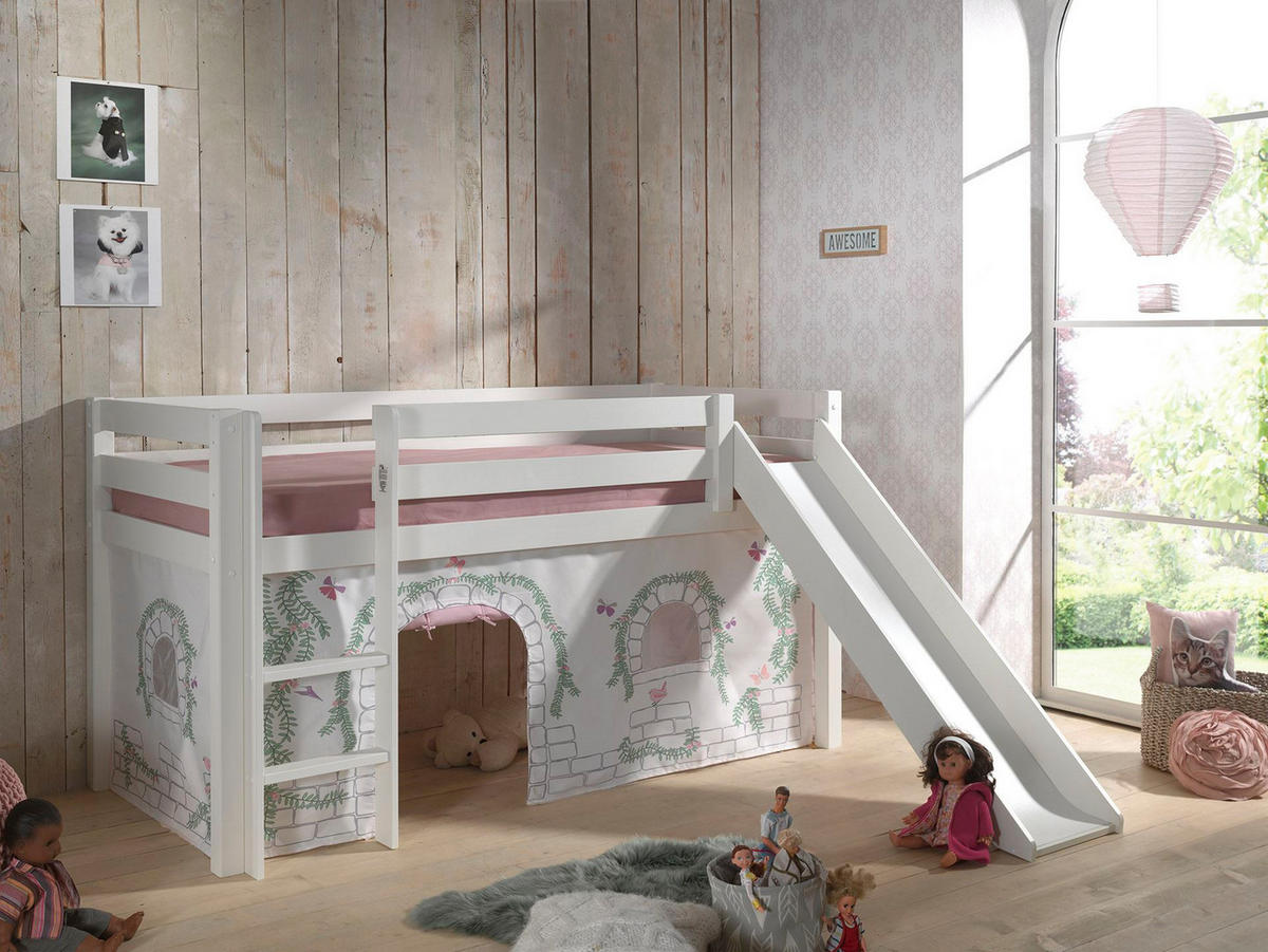 HOCHBETT mit Rutsche Karolina Massivholz Weiß Textilset Burg 1 - Hellgrau/Weiß, Holz (90/200cm) - 58aufmkessel