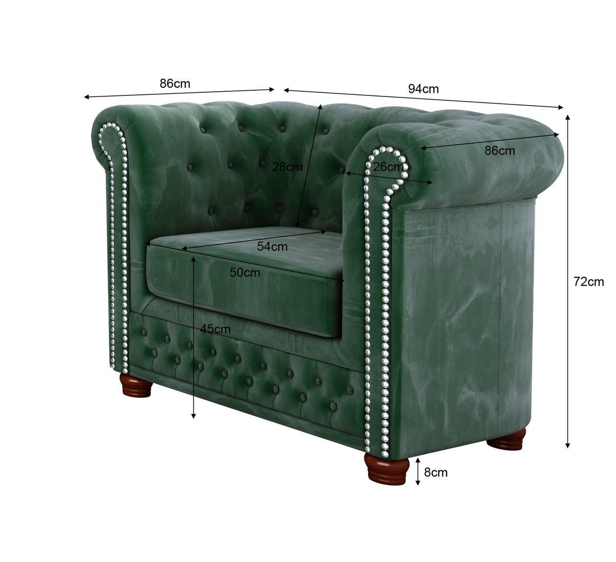SITZGARNITUR 3+2+1 Chesterfield Lauren Flasche grün Samt - Smaragdgrün/Braun, Holz/Textil (203/72/86cm) - S-Style Möbel