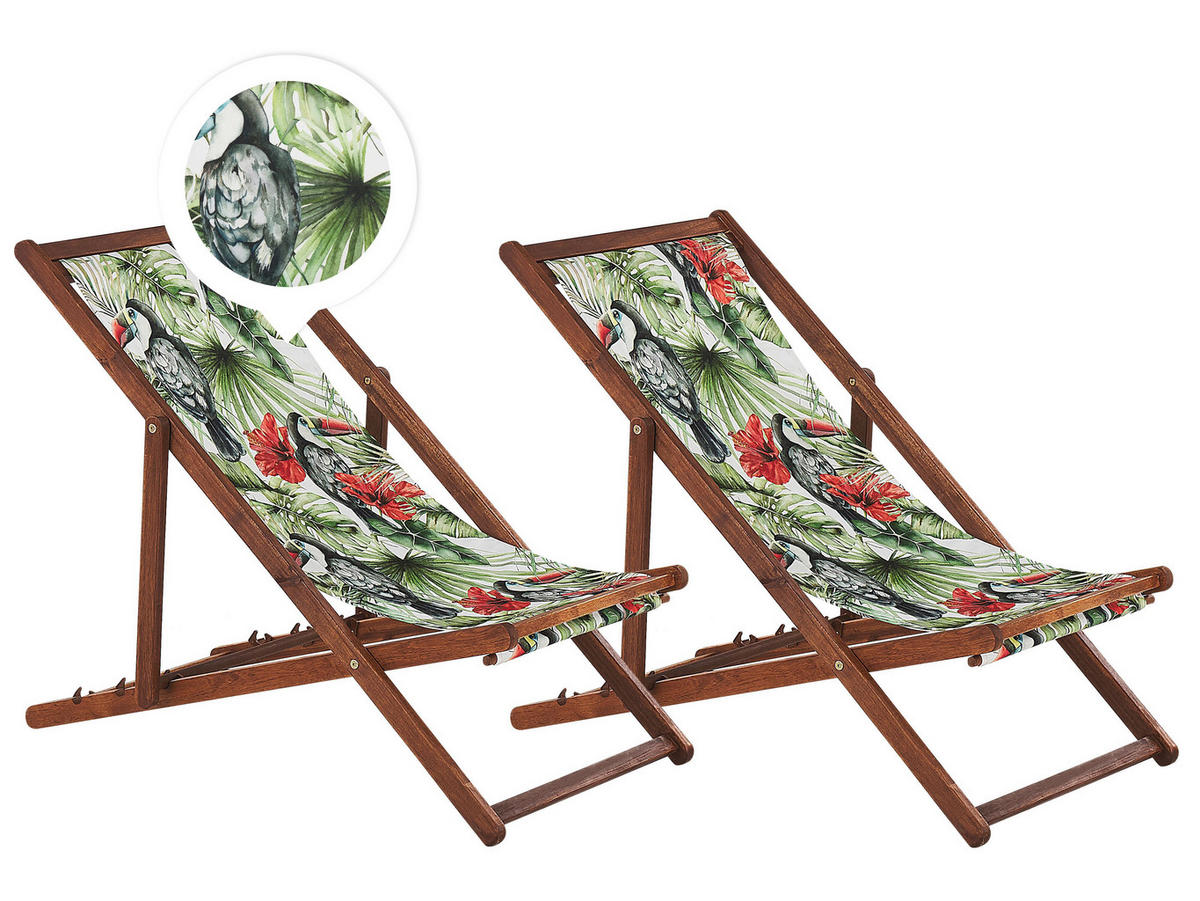 GARTENLIEGE 2er-Set dunkelbraun Textil weiß/mehrfarbig Tukanmotiv Anzio - Dunkelbraun/Multicolor, Textil (54/70/97cm) - Beliani