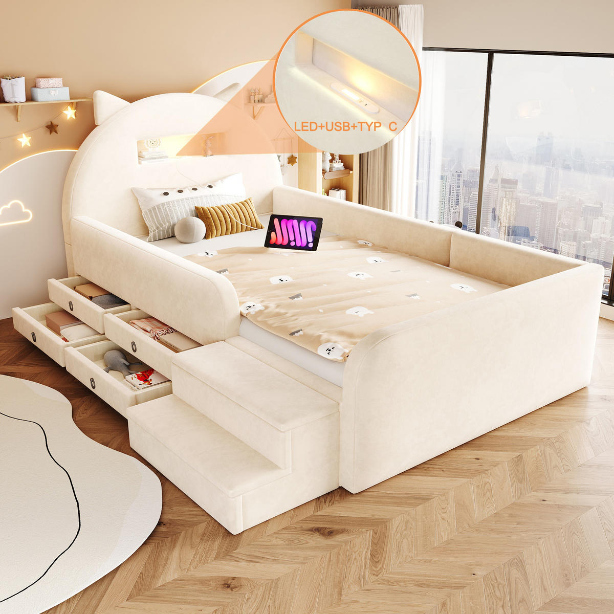 KINDERBETT 90/200 cm in Beige mit 4 Schubladen, USB und Nachtlicht Samt - Beige, Holzwerkstoff/Textil (90/200cm) - STILVORA
