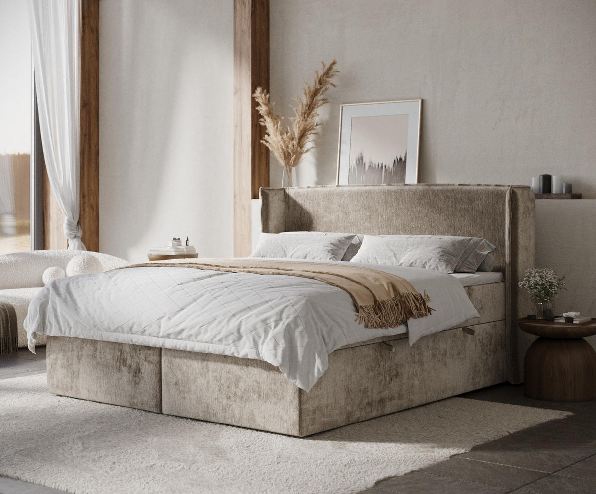 BOXBETT Skyline Beige 180/200 cm mit Matratze und Topper - Beige/Schwarz, Holz/Holzwerkstoff (180/200cm) - Maison de Reve