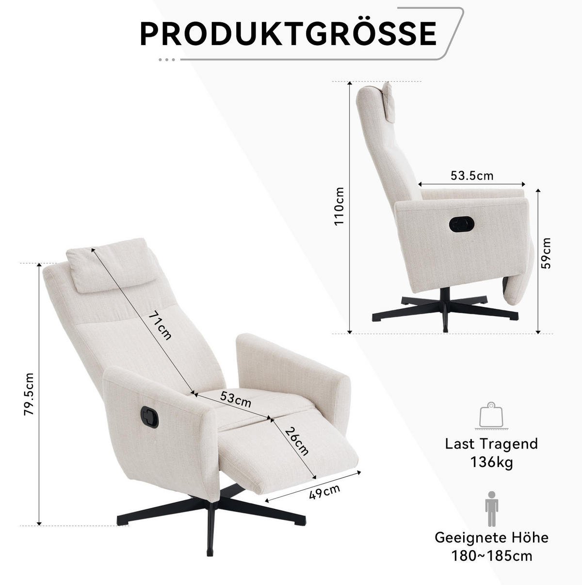 RELAXSESSEL Chenille mit Liegefunktion und 360° Drehfunktion 67/80.5/110 cm Beige - Beige, Textil (80.5/110/67cm) - Redom