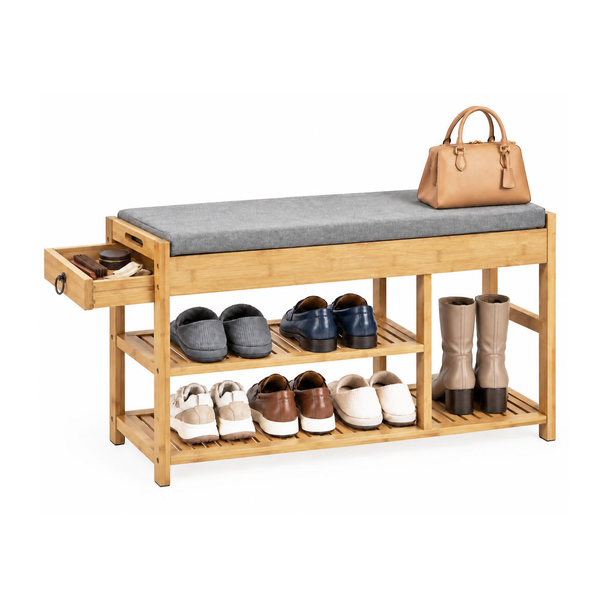 BANCĂ cu pernă și rafturi pentru încălțăminte din bambus - culoare naturală, lemn (90/45/30cm) - SoBuy