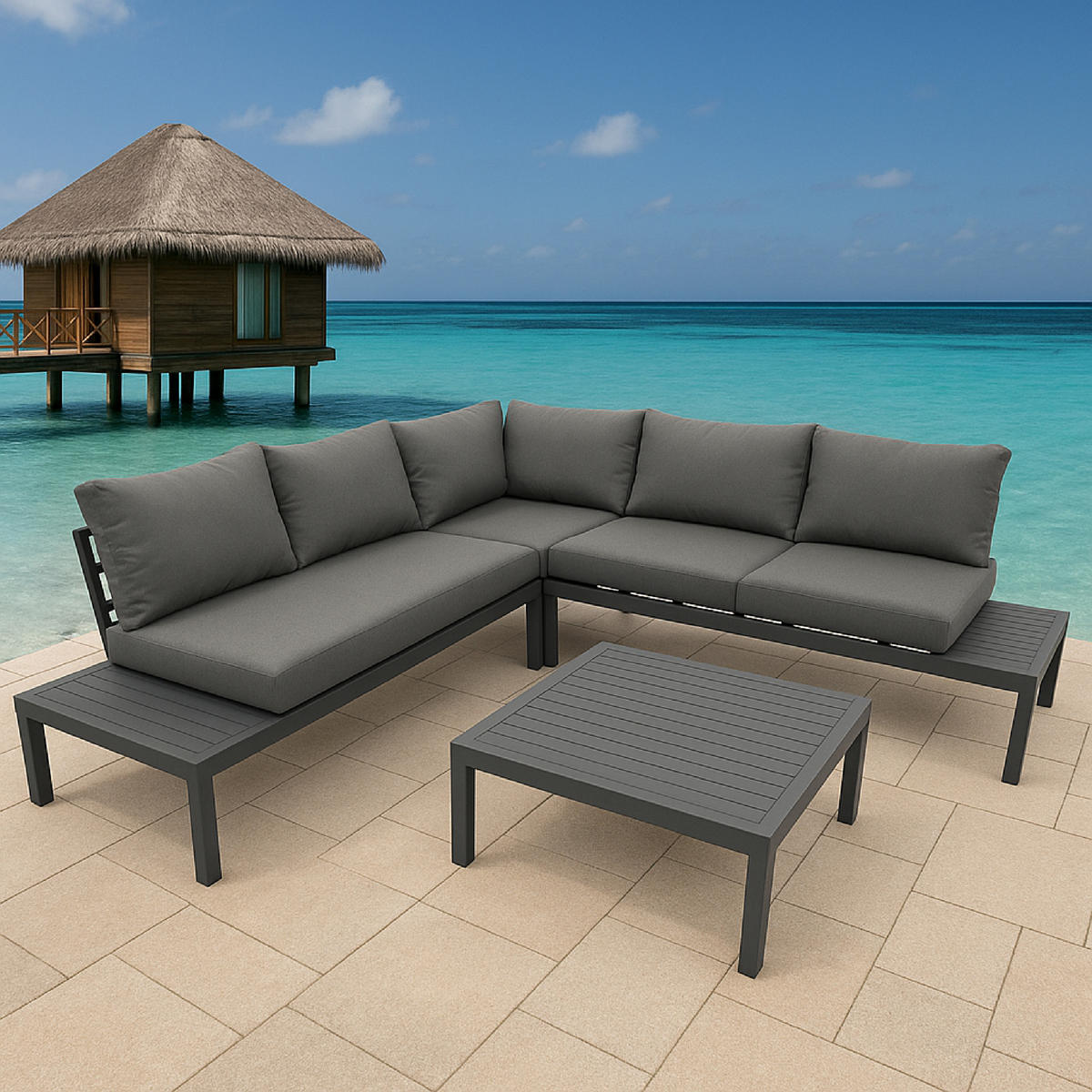 LOUNGE-SET Solihull - Sitzgruppe 4-teilig aus gebürstetem Aluminium, Tischplatte und Armlehnen aus Kunstholz dunkelgrau - Grau, Metall - TPFGarden