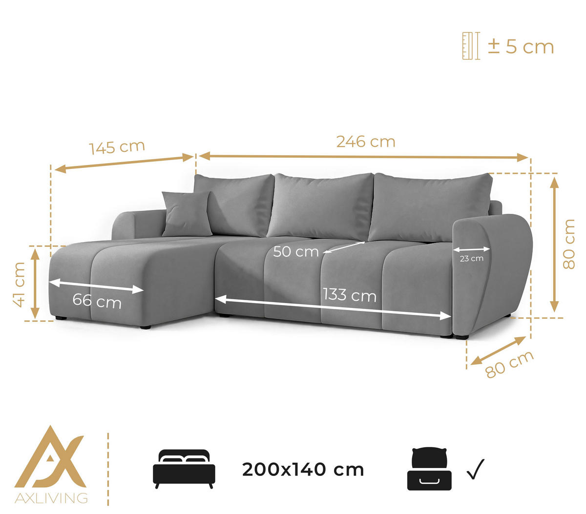 ECKSOFA L Form Malatya Beige 246/145/80 cm stilvolle mit Schlaffunktion R - Beige/Schwarz, Kunststoff/Textil (246/145cm) - AX Living