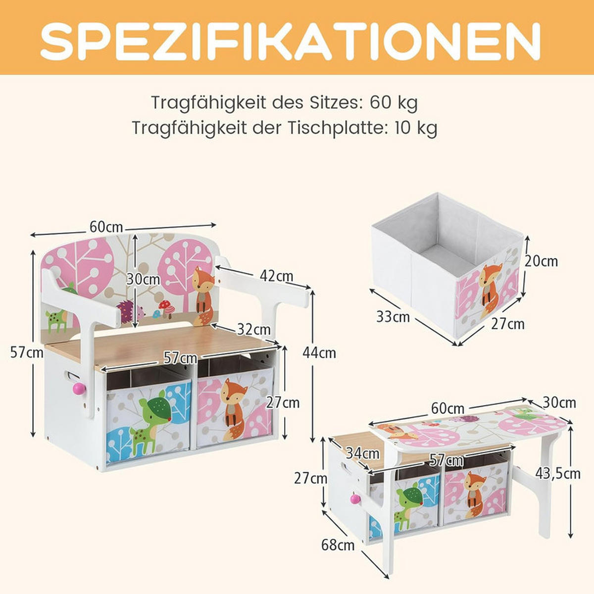 KINDERSITZBANK 3-in-1 Tisch-Sitzbank-Set Weiß - Weiß, Holzwerkstoff (60/57/42cm) - COSTWAY
