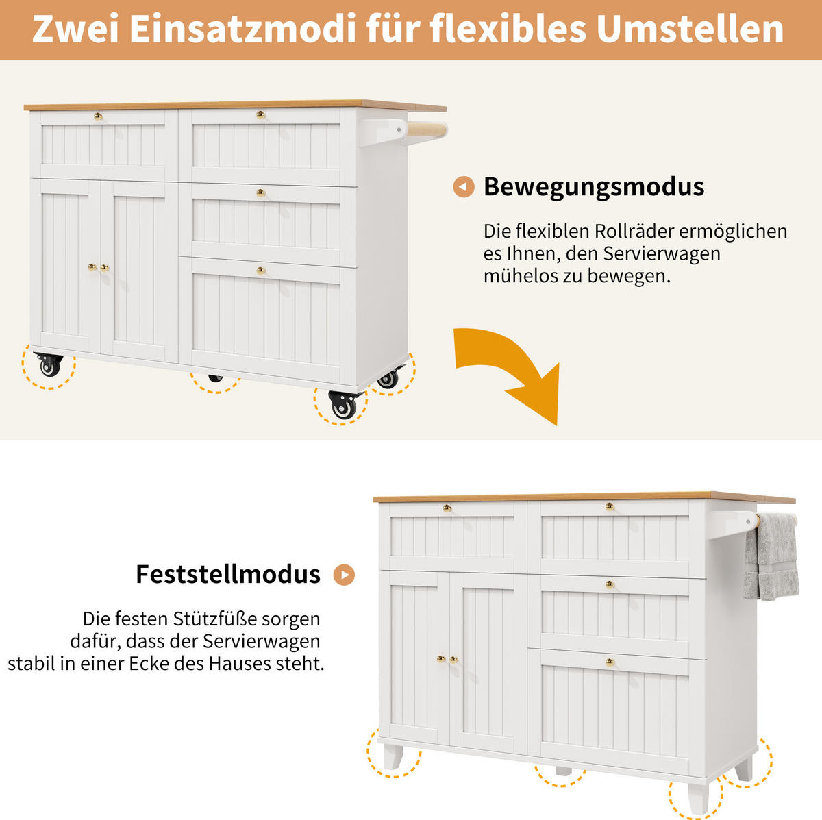 KÜCHENINSEL 133/70/88 cm Weiß aus MDF mit Klappfunktion - Weiß, Holzwerkstoff (37/88/133cm) - OKMYHOME
