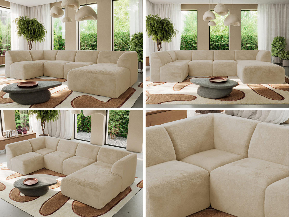 WOHNLANDSCHAFT MODARO U 5M - Creme Plüsch - Rechts - Creme/Schwarz, Textil (345/78/180cm) - MKS