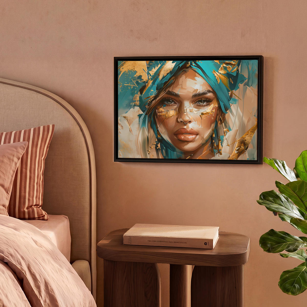 LEINWAND Bilder mit Rahmen - Frau - Porträt - Gold - Luxus - Blau - 40x30 - Türkis, Textil (40/30cm) - MuchoWow