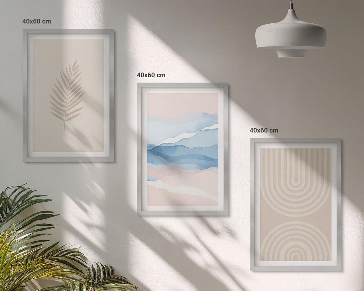 BILDER SET 3er Set - 40x60 cm Silberner Rahmen - Blätterwellen beige blau - Silberfarben, Kunststoff (40/60cm) - TULUP