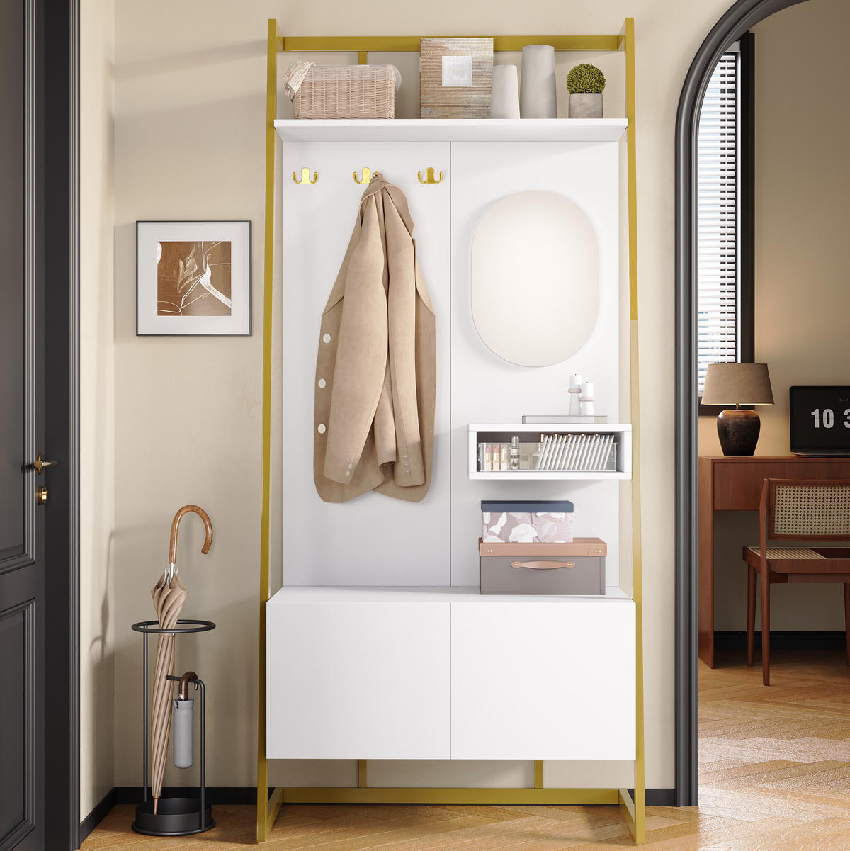 GARDEROBE 78/180,5/38,5 cm Weiß aus MDF mit Spiegel und Schuhschrank - Weiß, Holzwerkstoff (38.5/180.5/78cm) - OKMYHOME