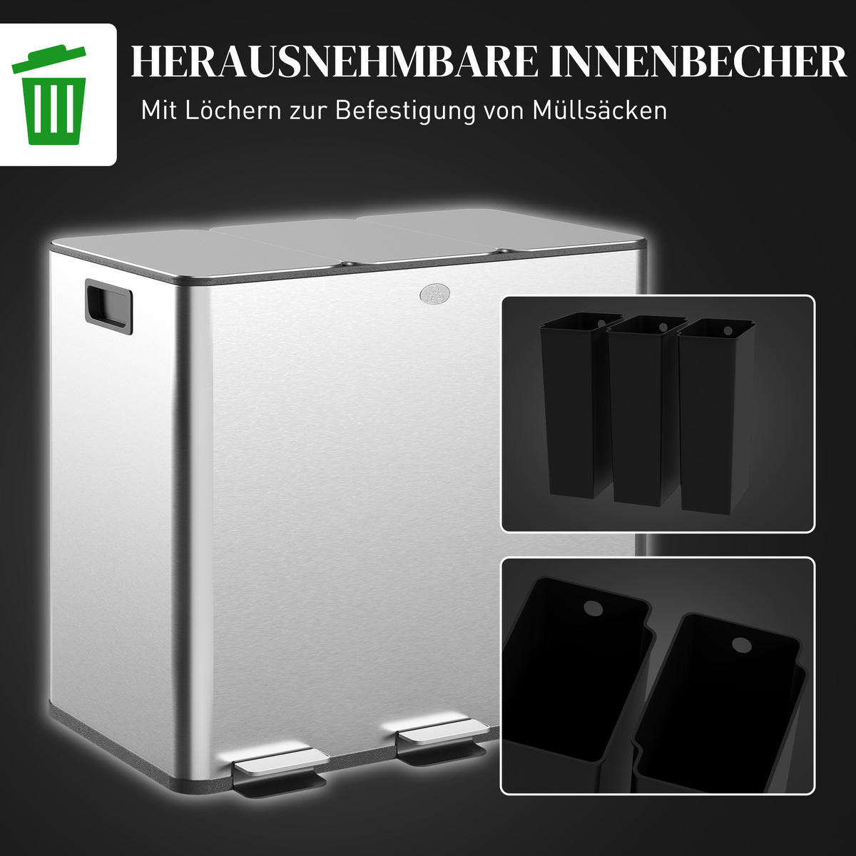 MÜLLEIMER 3x20L Abfalleimer aus Edelstahl mit Softclose Deckel Deodorant-Fächern - Silberfarben, Metall (36.6/43.2/61.9cm) - HOMCOM