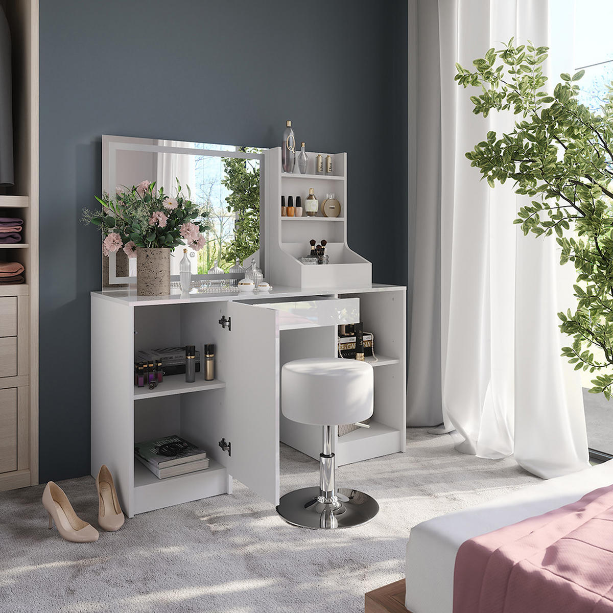 SCHMINKTISCH Sherry Weiß/Weiß Hochglanz 128.2 cm mit LED-Spiegel und Hocker - Weiß Hochglanz, Holzwerkstoff (128.2/76/50.1cm) - Vicco