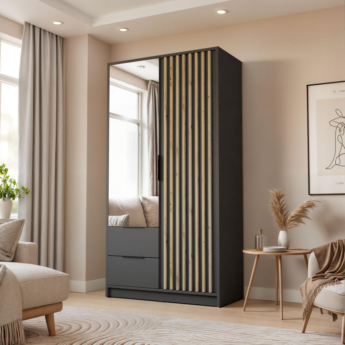 KLEIDERSCHRANK NELA, zweitürig mit Lamellen und Spiegel, 105 cm, Graphit/Artisan - Graphitfarben, Holzwerkstoff (105/200/51cm) - Lookway