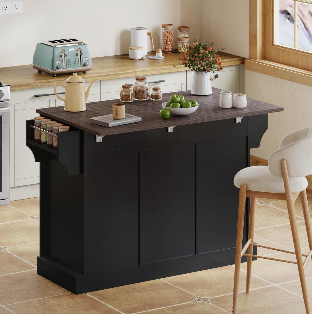 KÜCHENINSEL mit klappbarer Arbeitsplatte 120x45(70)x91 cm Schwarz - Schwarz, Holz (70/91/120cm) - Beauniv