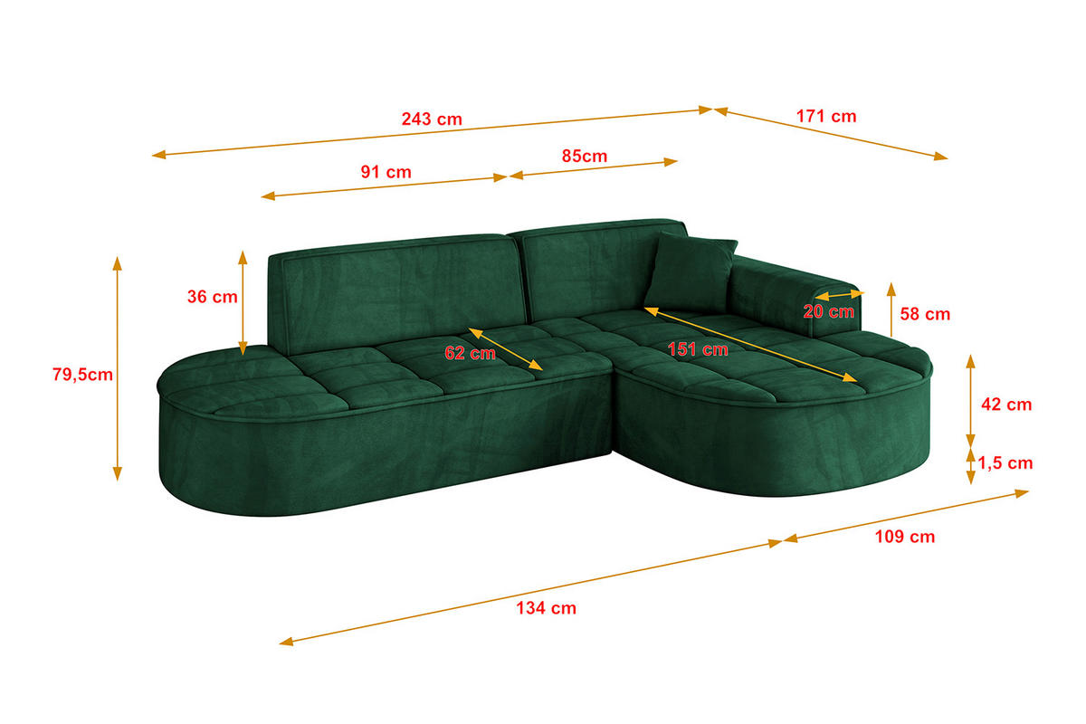 ECKSOFA Ottomane Rechts TARO-L1 - 243x171x79,5 cm Dunkelgrün - Grün, Holzwerkstoff/Textil (243/171cm) - ALTDECOR