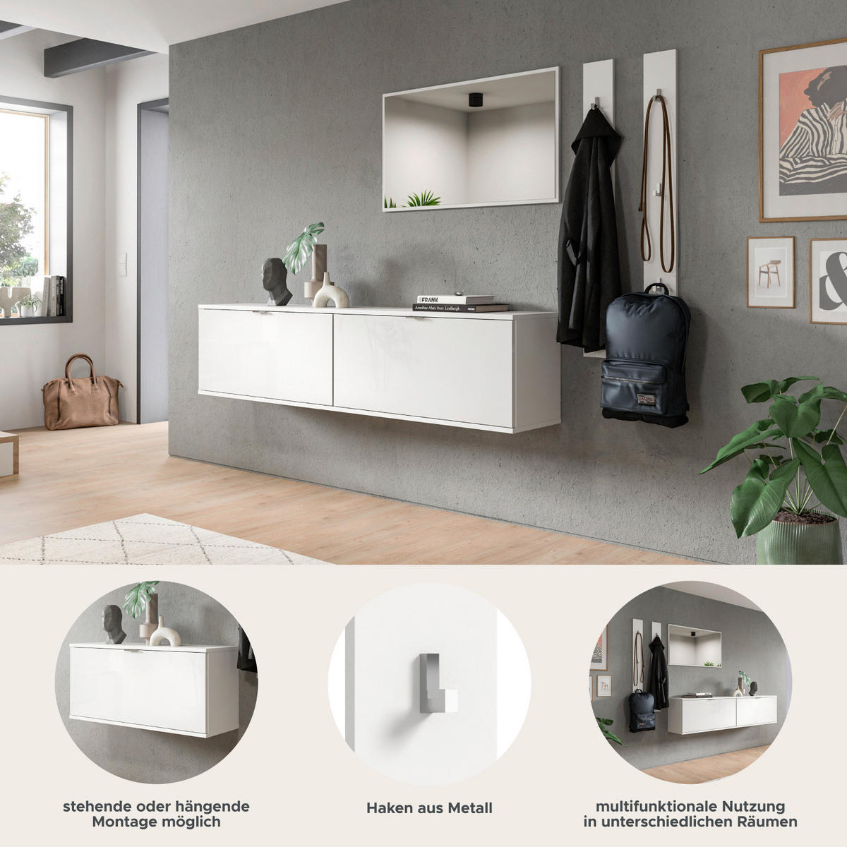 GARDEROBE Set 5-teilig weiß Hochglanz 238 cm, Garderobenkombination hängend - Chromfarben/Weiß Hochglanz, Glas/Holzwerkstoff (238/193/34cm) - Inn.Furn