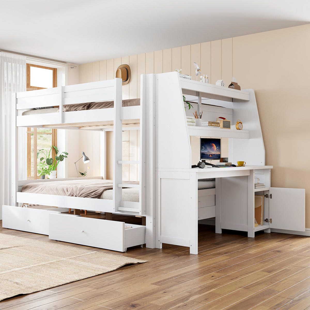 ETAGENBETT aus Kiefernholz, Metall, Sperrholz und MDF 140x200 cm Weiß mit Schreibtisch, Stauraum und Schubladen - Weiß, Holz (140/200cm) - Modfu