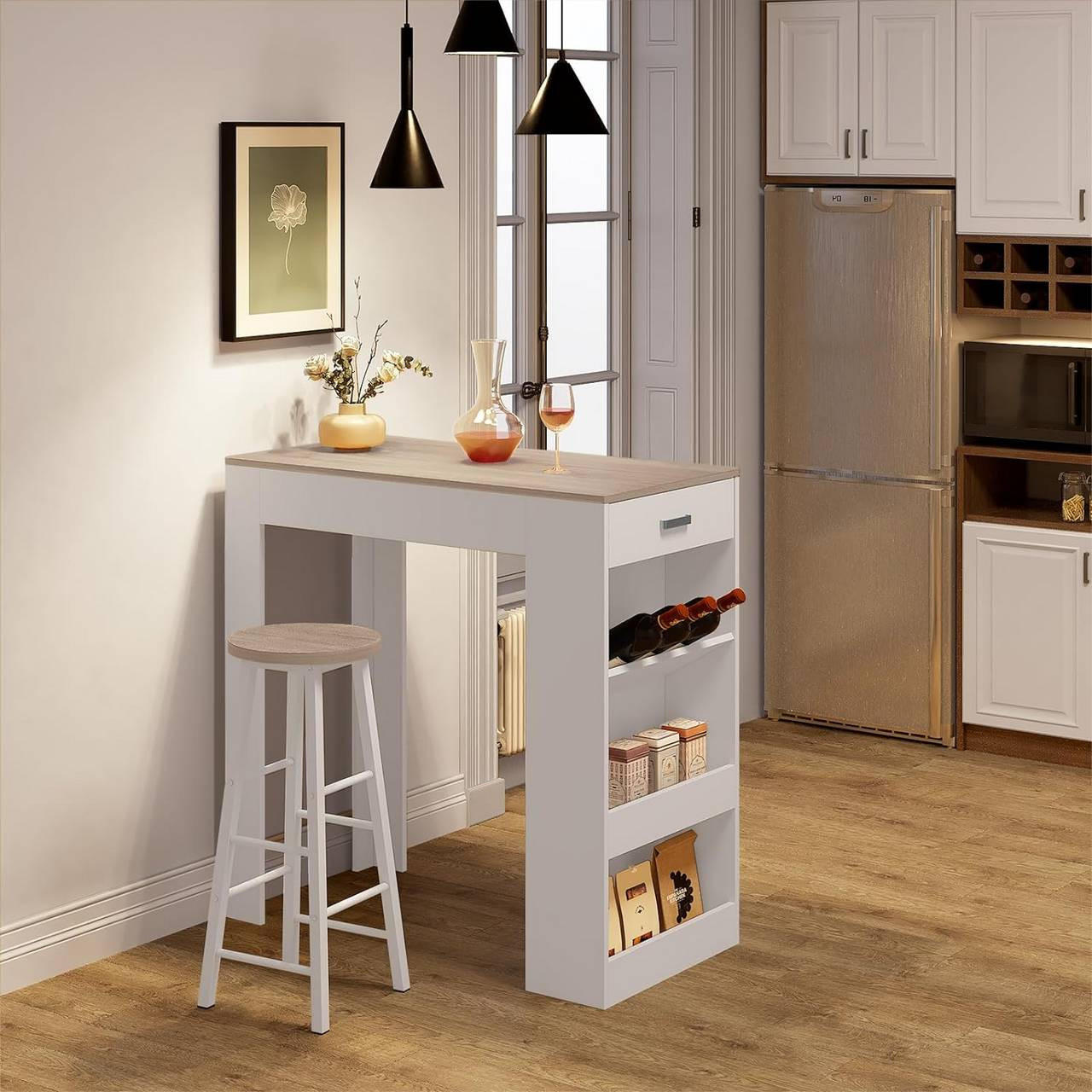 BARTISCH mit 1 Schublade 3 Ablagen, Weinregal, Weiß + Helleiche - Eichefarben/Weiß, Holzwerkstoff (100/100/50cm) - Woltu
