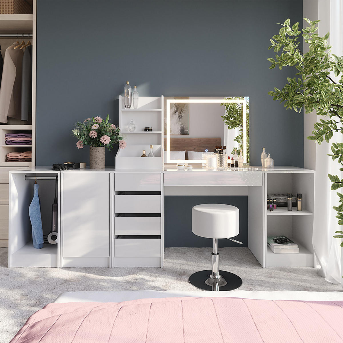 SCHMINKTISCH Sherry Weiß/Weiß Hochglanz 119.8 cm 6 Teile - Weiß Hochglanz, Holzwerkstoff (119.8/76/50.1cm) - Vicco