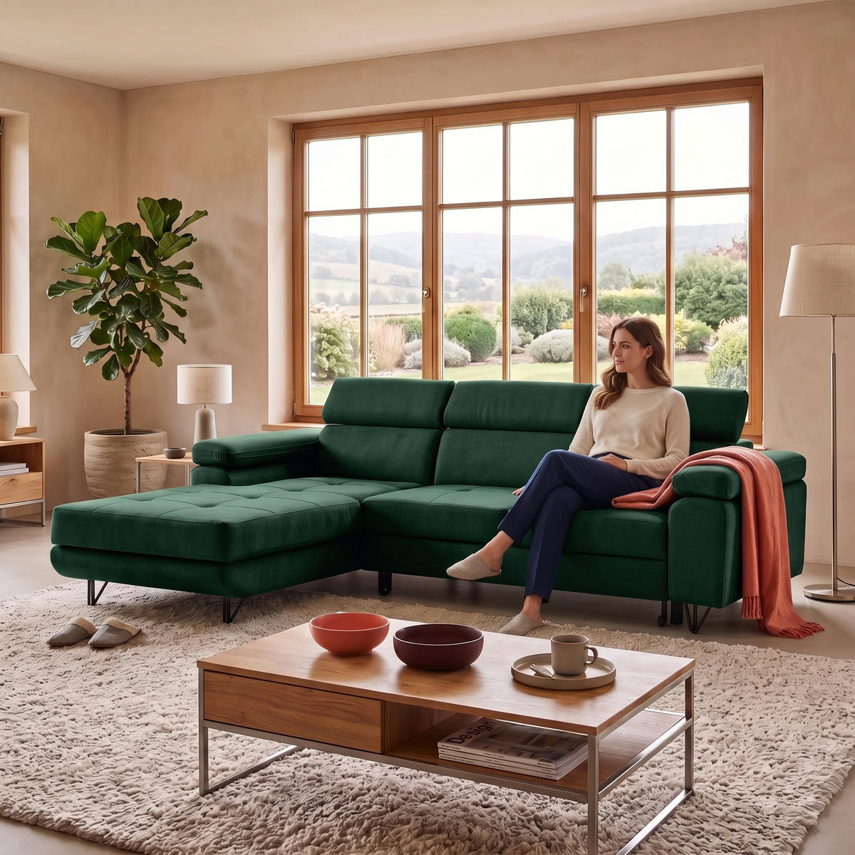 ECKSOFA NORIS L Links mit Schlaffunktion 128x203 Velours Dunkelgrün - Dunkelgrün/Schwarz, Holz/Textil (250/183cm) - Muffo