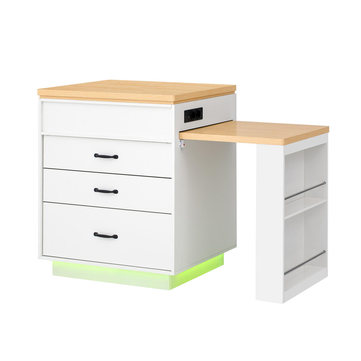 KUHINJSKI otok 125,5–187,5/71/93 cm z raztegljivo mizo, LED osvetlitvijo in USB/Type-C, bel - bela, leseni material (125.5/93/71cm) - Redom