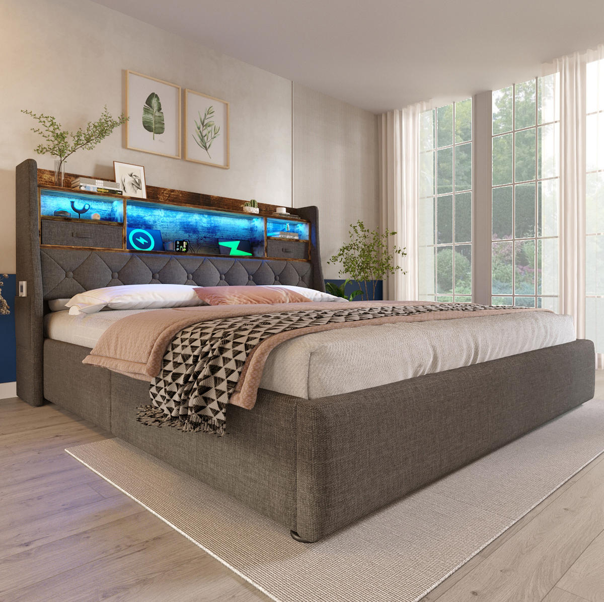 OBLAZINJENA postelja 140/200 cm z LED osvetlitvijo, USB priključki in hidravličnim prostorom za shranjevanje, Siva - siva, tekstil (140/200cm) - Redom