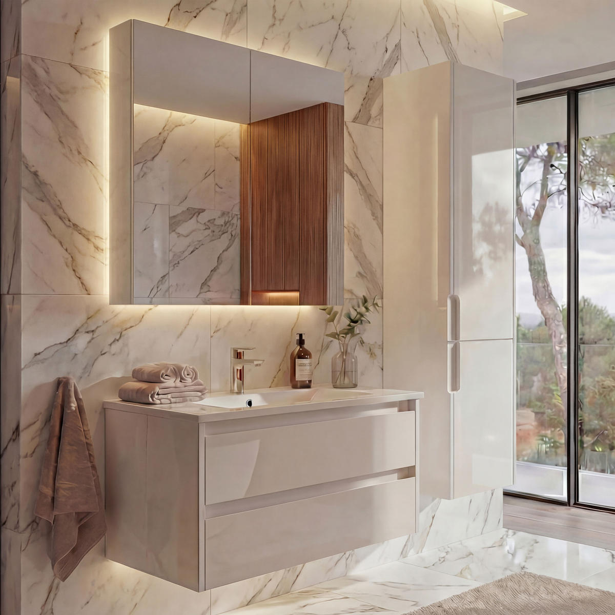 BADEZIMMERSET B19B Hochganz Reinweiß - Weiß Hochglanz, Holz (61/150/47cm) - MCW