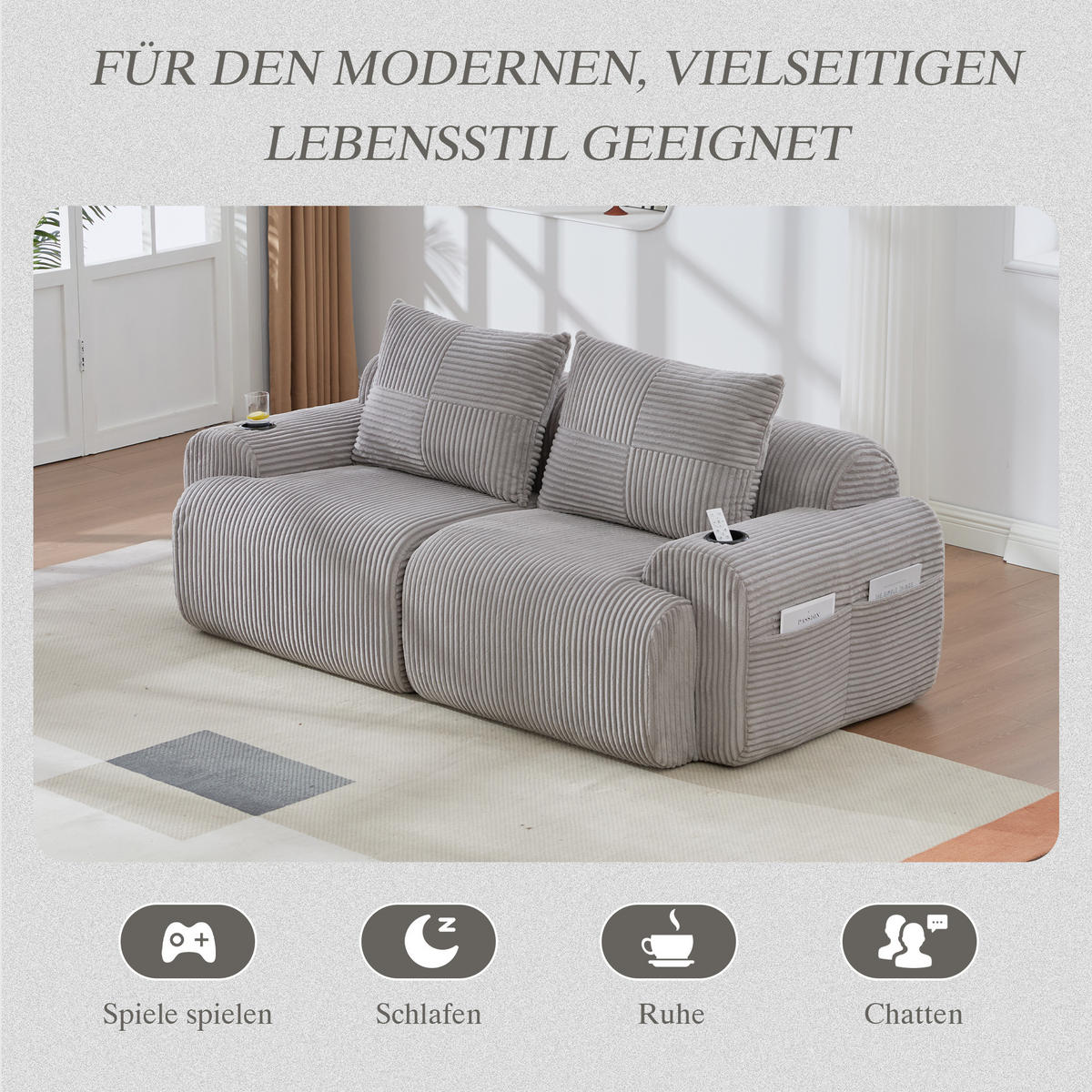 2-SITZER Sofa Cordstoff mit Getränkehalter und Seitentasche 200/99/80 cm Hellgrau - Hellgrau, Textil (99/80/200cm) - Redom