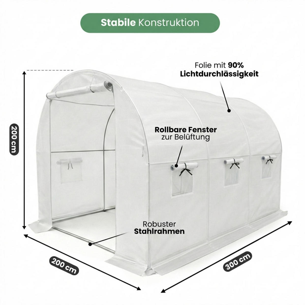 TUNNELGEWÄCHSHAUS, Weiß, 200x300x200 cm - Weiß, Metall (200/200/300cm) - Akord