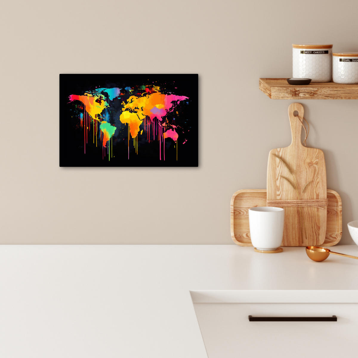 LEINWANDBILD Weltkarte - Farbe - Bunt - Graffiti - Welt 30x20 cm - Multicolor, Textil (30/20cm) - MuchoWow