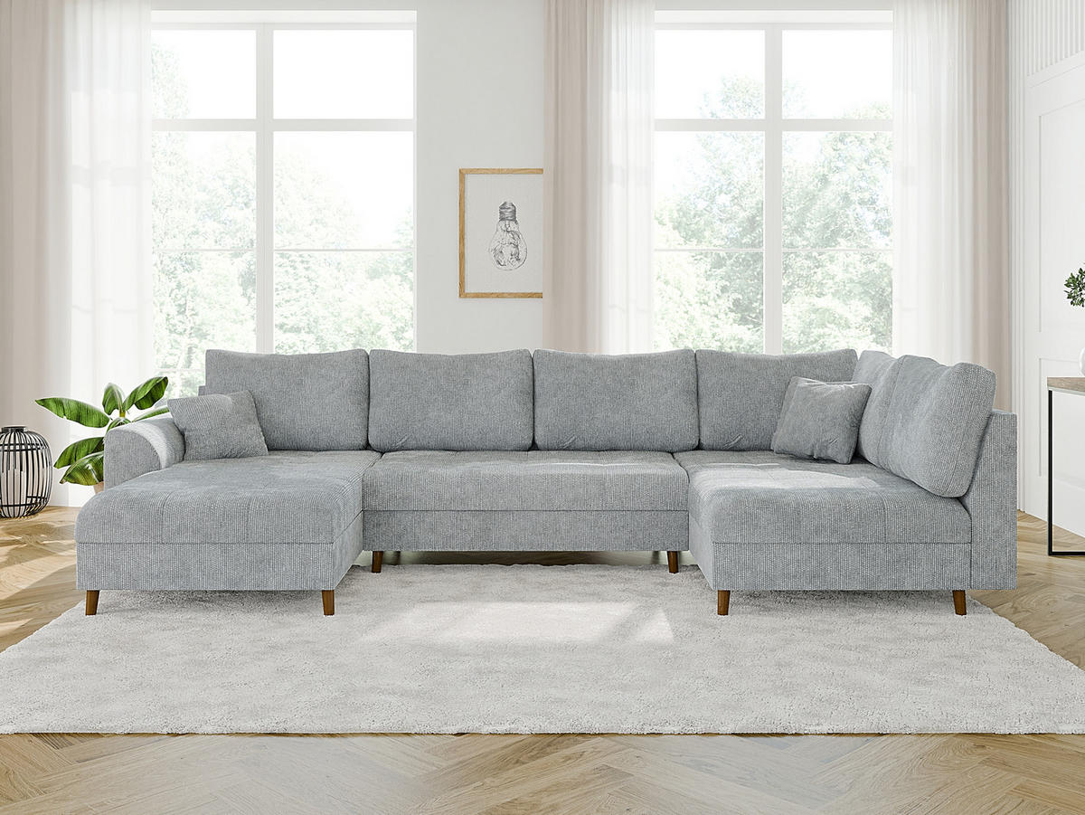 WOHNLANDSCHAFT inkl. Hocker Sigurd Hellgrau Chenille - Hellgrau/Braun, Holz/Textil (310/81/161cm) - S-Style Möbel