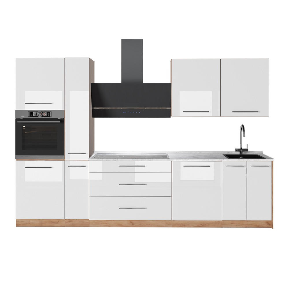 KÜCHENZEILE Fame-Line, Weiß Hochglanz/Goldkraft Eiche, 310 cm, AP Marmor - Honigeiche/Weiß Hochglanz, Holzwerkstoff (310/206.8/60cm) - Vicco
