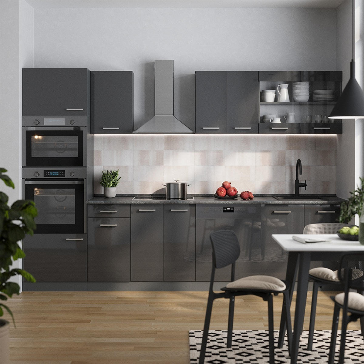KÜCHENZEILE R-Line Anthrazit Hochglanz 300 cm mit Hochschrank, ohne Arbeitsplatte - Schwarz Hochglanz/Anthrazit, Holzwerkstoff (300/206.8/46cm) - Vicco