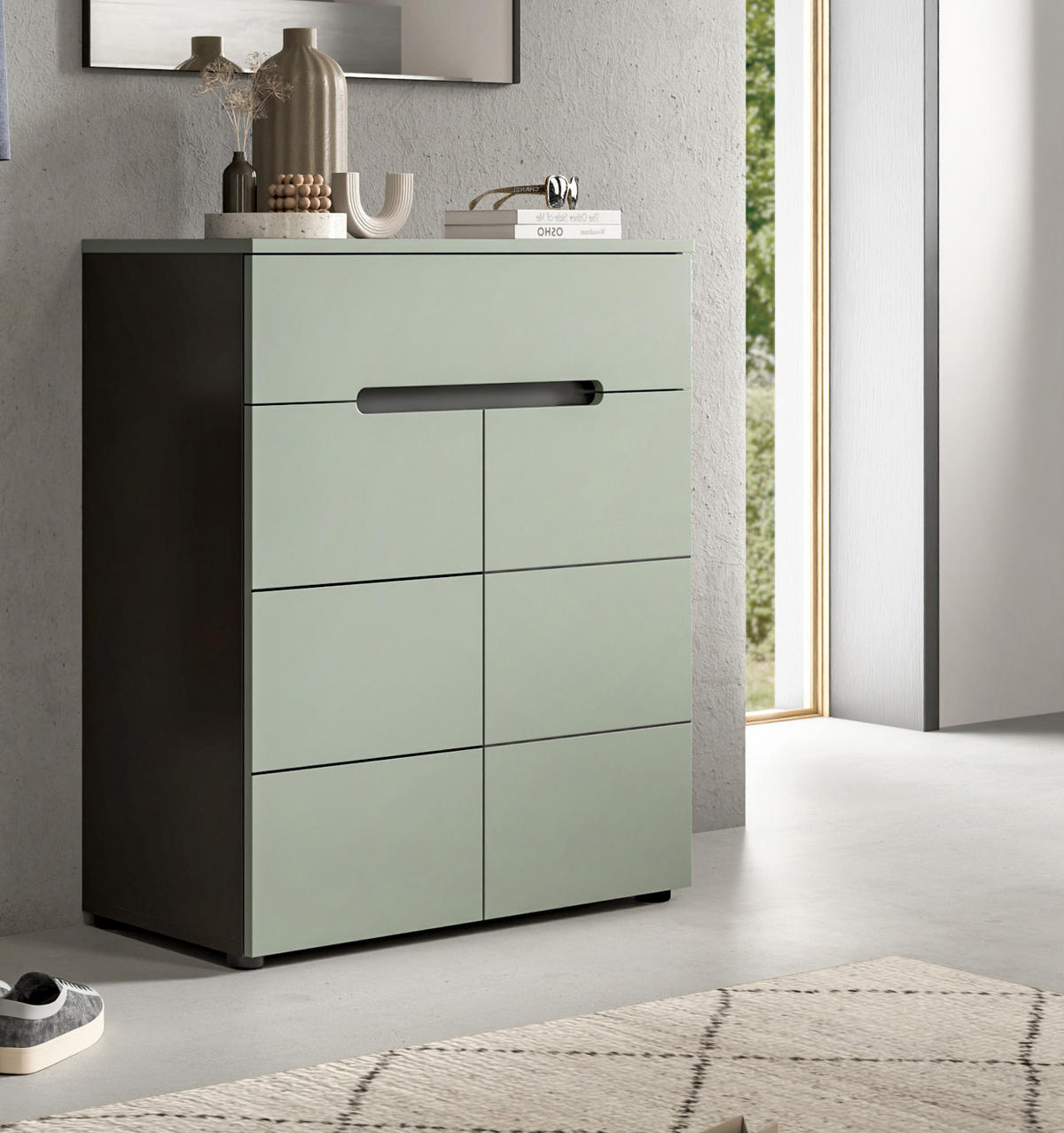 SCHUHKOMMODE Salbei grün, Basalt Grau 80 x 94 cm, Flurkommode mit Soft-Close - Salbeigrün/Schwarz, Holzwerkstoff/Kunststoff (80/94/37cm) - Inn.Furn