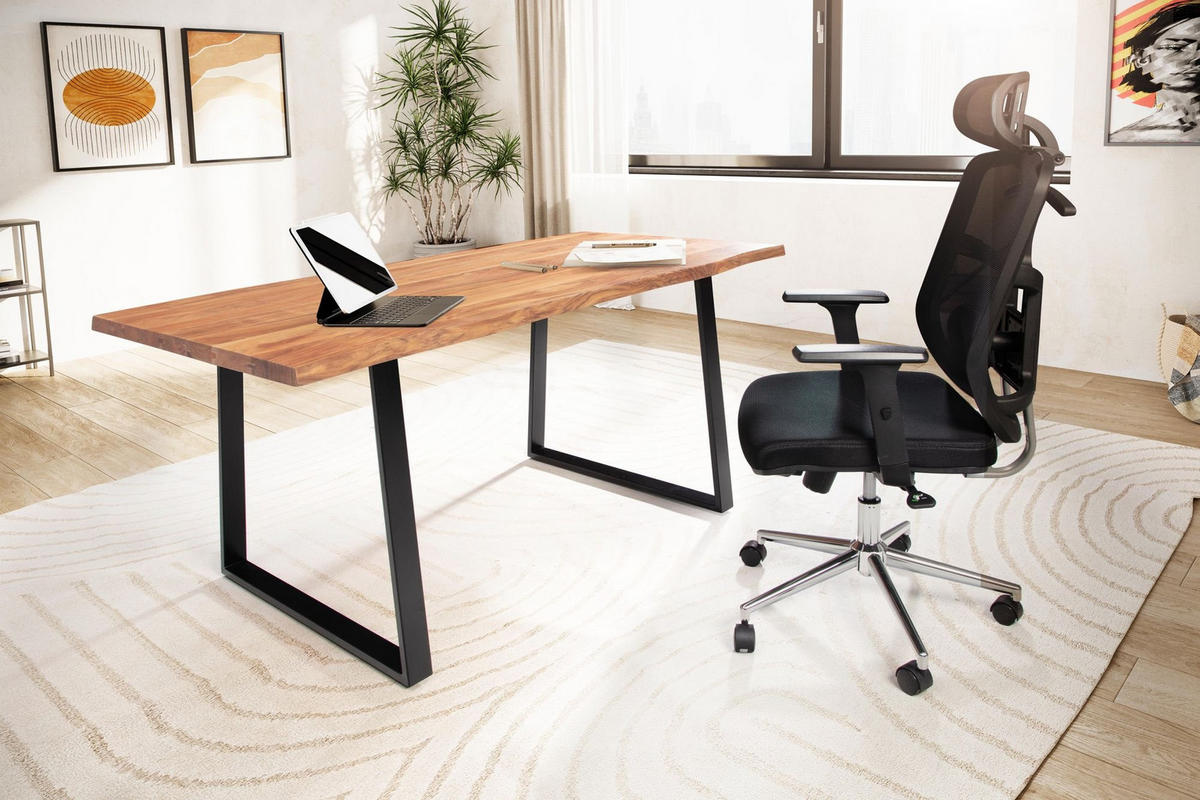 SCHREIBTISCH Massivholz Baumkante Handgefertigt Akazie TARN, Goldbraun-Schwarz 200x100x76 cm - Schwarz/Braun, Holz/Metall (100/200/76cm) - KADIMA DESIGN