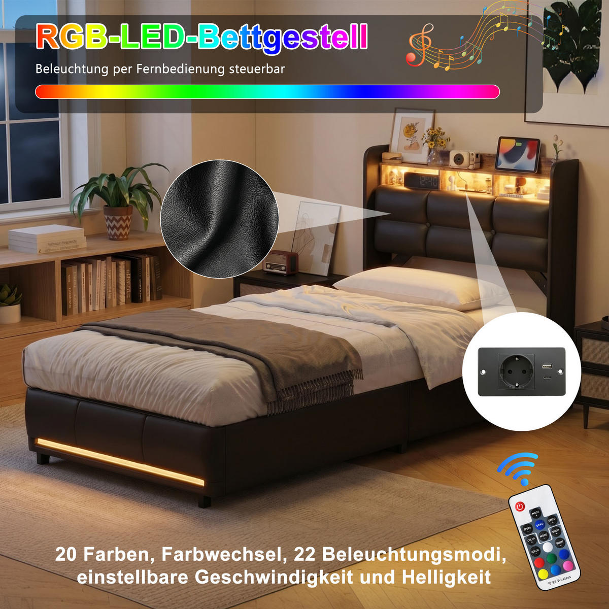 POLSTERBETT 90x200 cm PU mit RGB-LED, Stauraum und Ladefunktion - Schwarz, Holz (90/200cm) - SHOPENTRA