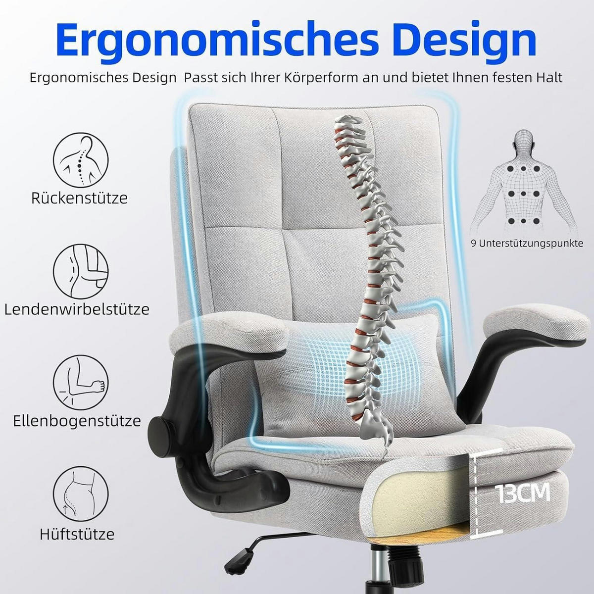 BÜROSTUHL Ergonomisch Stoff Grau - Grau, Textil (67.5/118/65cm)