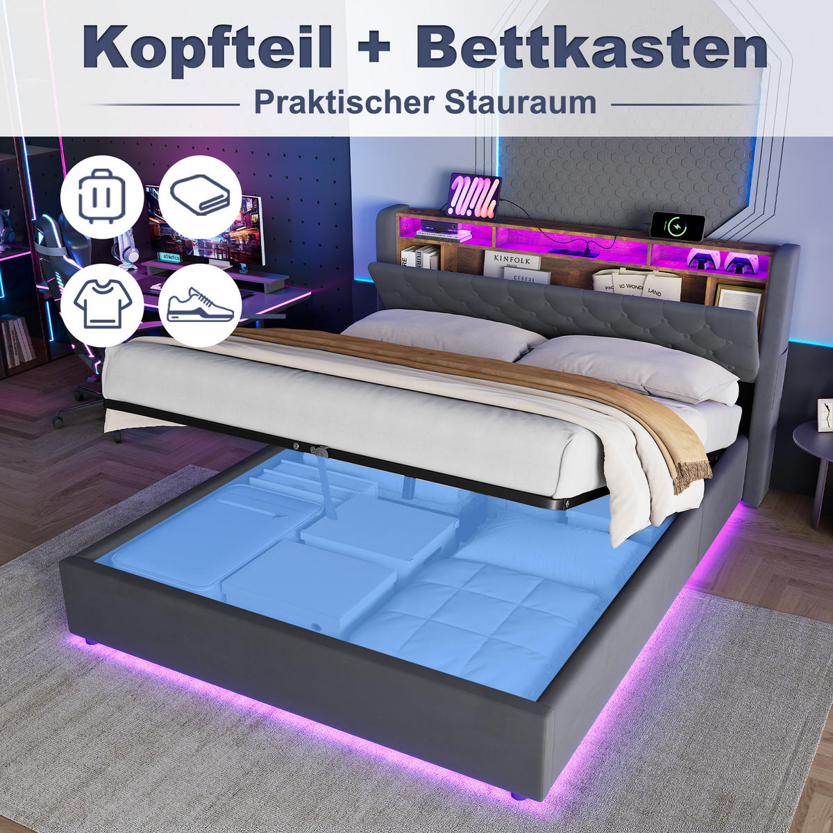 POLSTERBETT 160x200 mit Bettkasten & LED Beleuchtung,mit klappbarem Kopfteil,Grau - Grau, Holzwerkstoff/Textil (160/200cm) - EVRYAE